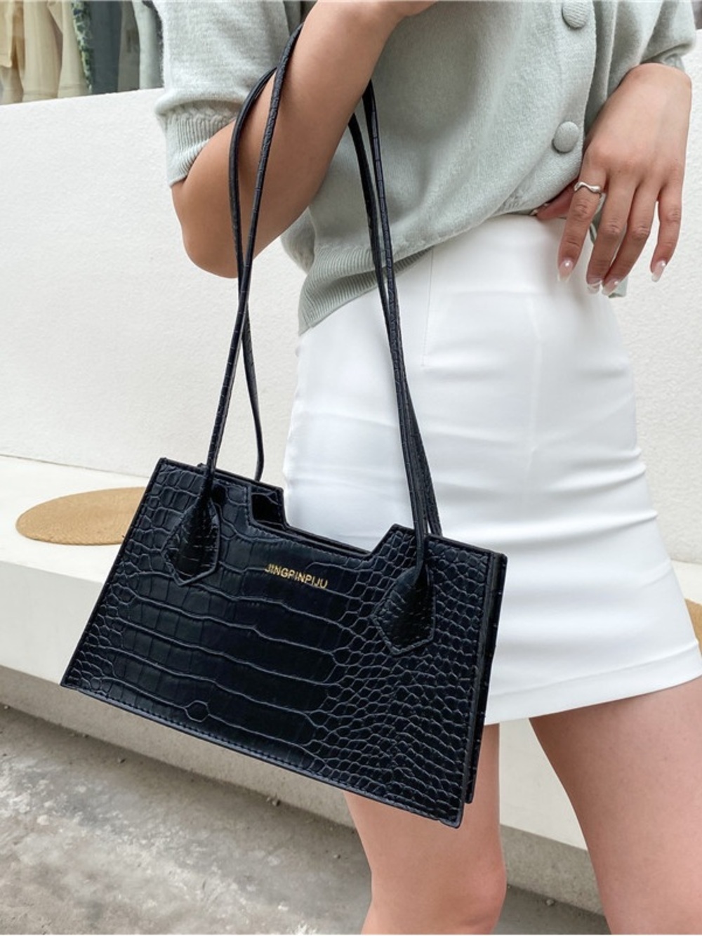 Jingpinpiju Black Croc Shoulder Bag